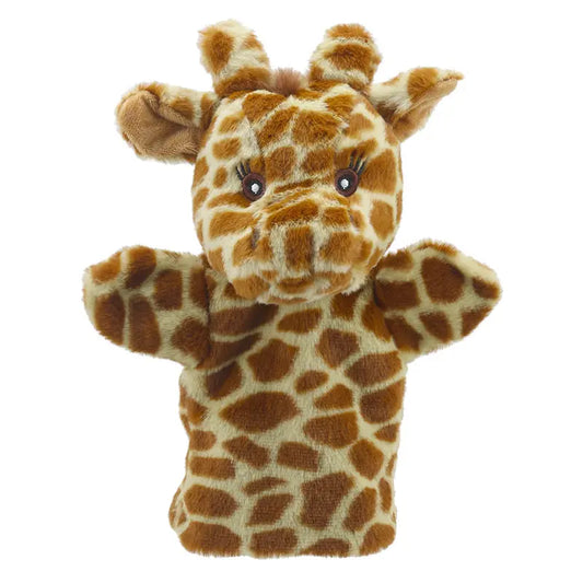 The ECO Puppet Buddies Giraffe Hand Puppet features patterned brown-and-tan fur, big eyes, and raised arms, making it ideal for imaginative play. Shown against a plain white background.