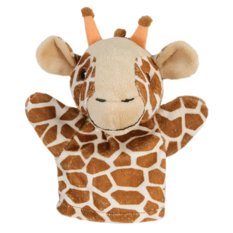 Introducing The Puppet Company My First Puppet Giraffe: a charming plush hand puppet featuring a brown and white giraffe pattern, large ears, and small orange felt horns. It's perfect for making story time more engaging and is an excellent tool for enhancing vocabulary and communication skills, all set against a crisp white background.