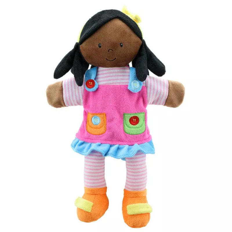 Hand Puppet of a Girl with Dark Skin with colourful clothes and quality embroidered facial features.  Big enough to be used by children and adults.
