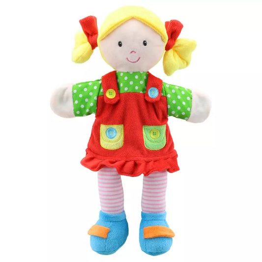 Hand Puppet of a Girl with colourful clothes and quality embroidered facial features.  Big enough to be used by children and adults.