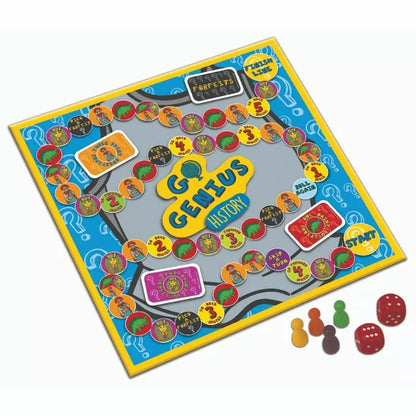An educational Go Genius History Board Game featuring a historical theme, with a diverse board and strategic dice rolling mechanics.