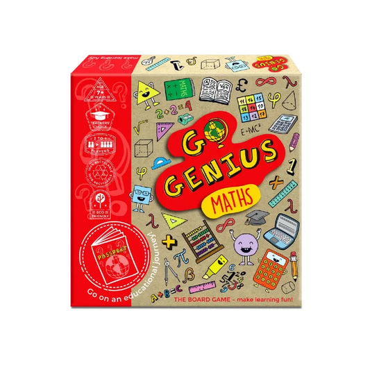 A Go Genius Maths Board Game with a red cover.