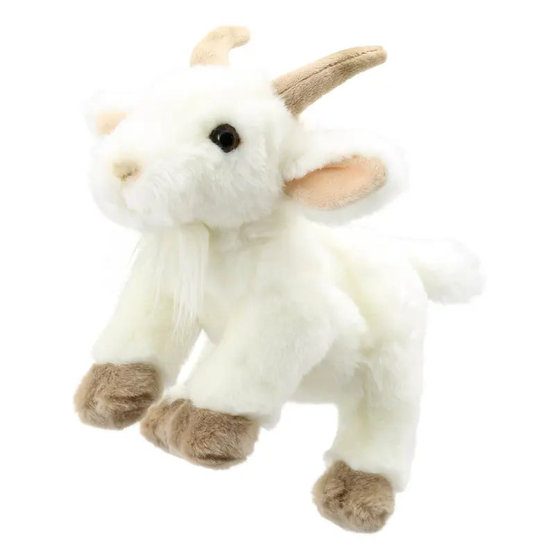 The Puppet Company Full-bodied Hand Puppet Goat features white fur, light brown hooves, beige horns, and pink inner ears—standing upright against a white background for delightful imaginative play.