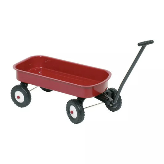 A red Pull along Cart with wheels on a white background.