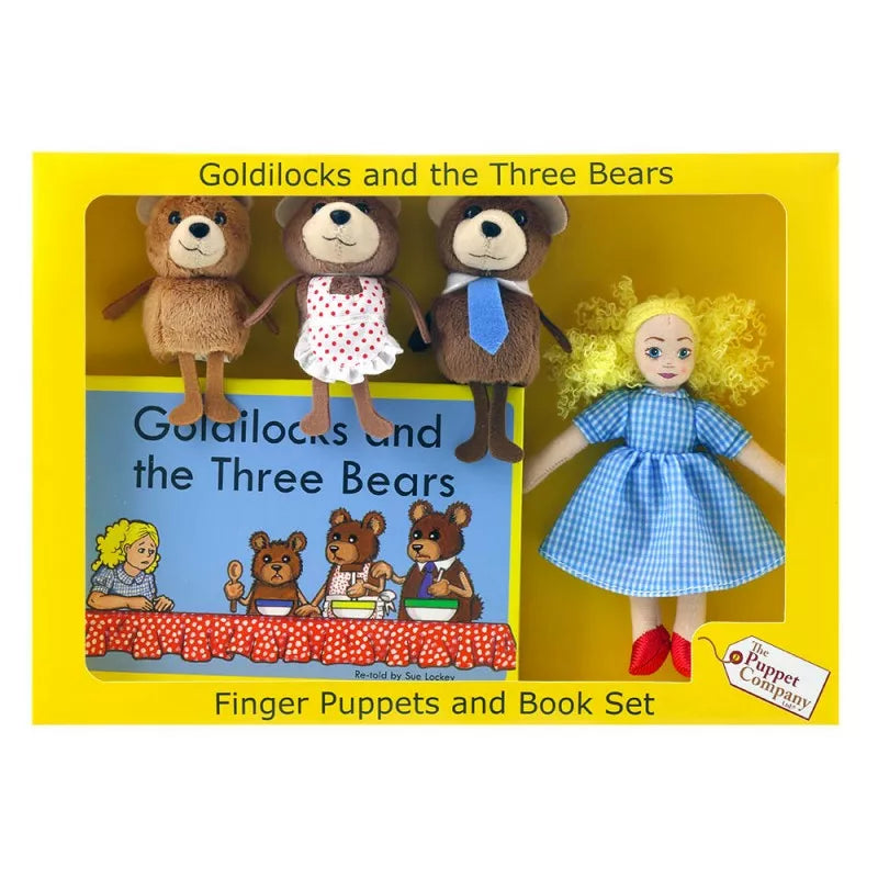 A yellow boxed set with Goldilocks & The Three Bears as finger puppets and a book.The box has a see-through cover to show the puppets and the book.