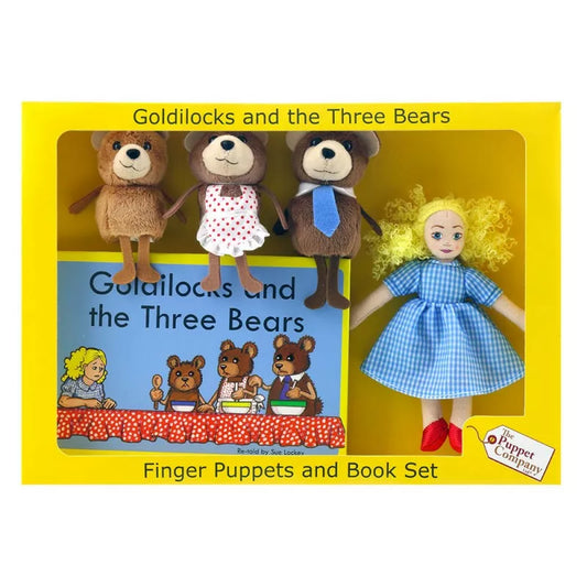 A yellow boxed set with Goldilocks & The Three Bears as finger puppets and a book.The box has a see-through cover to show the puppets and the book.