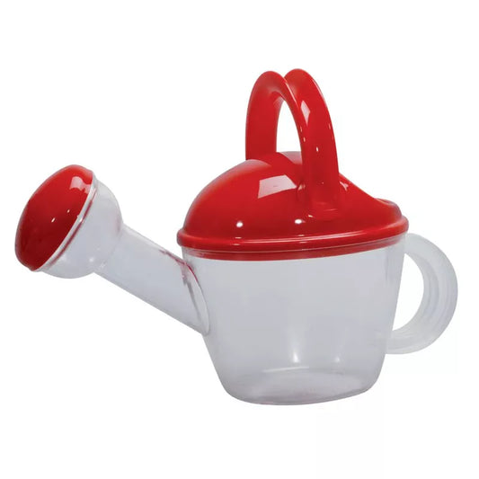 A small, Clear Watering Can with a red spout and handle, featuring a removable red lid with a loop handle, perfect for playing with water.
