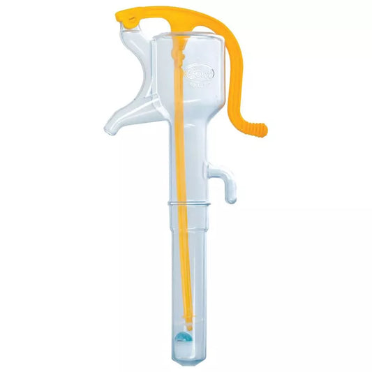 A Clear Waterpump caulking gun with a yellow trigger and handle, designed as a sensory toy, isolated on a white background.