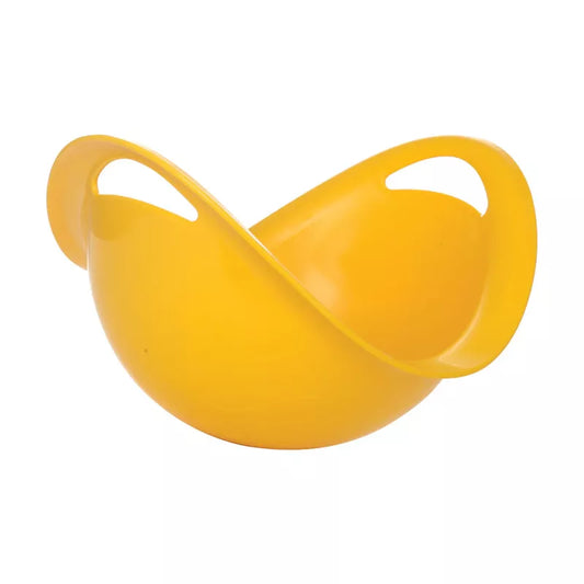 Two interlocking Spinner Yellow sensory stimulation mixing bowls isolated on a white background.
