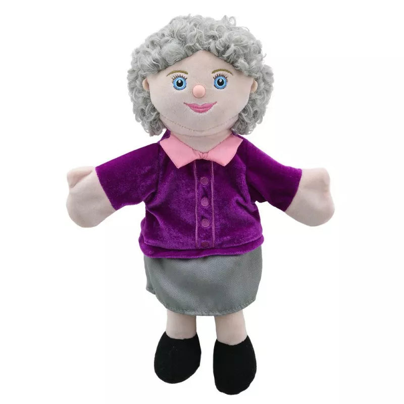 Hand Puppet of a Grandma with colourful clothes and quality embroidered facial features.  Big enough to be used by children and adults.