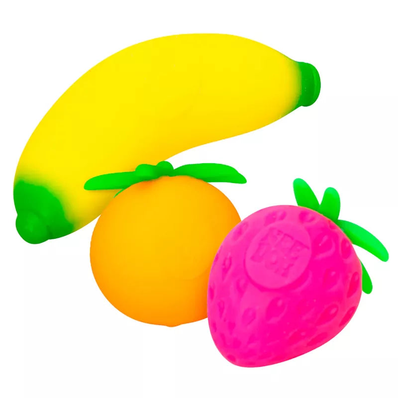 Groovy Fruits Needoh fidget toys including a yellow banana, an orange, and a pink strawberry, isolated on a white background.