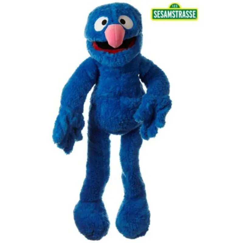 The Living Puppets Grover 65cm Hand Puppet features the blue, furry Sesame Street character with a pink nose and long limbs. The "Sesamstrasse" logo appears in the top right corner.