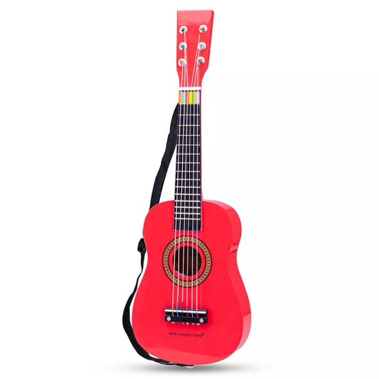The New Classic Toys Red Guitar with a black strap.