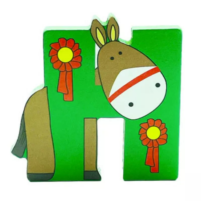 A Wooden Letter Animal - H with a horse and flowers on it.