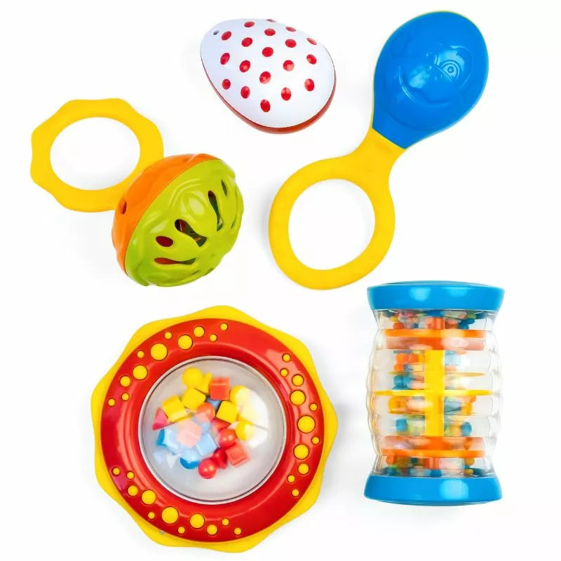 A set of Halilit My First Baby Band toys including a rattle, a rattler, and a toy drum designed to enhance sensory world experiences and motor skills.