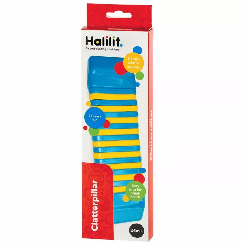 Halilit Clatterpillar ice shaver in blue and yellow packaging for children.