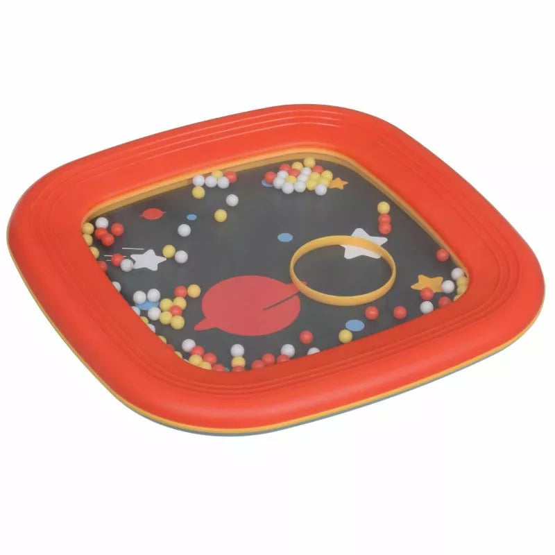 A red and orange sensory tray with Halilit Shaking Drum on it.