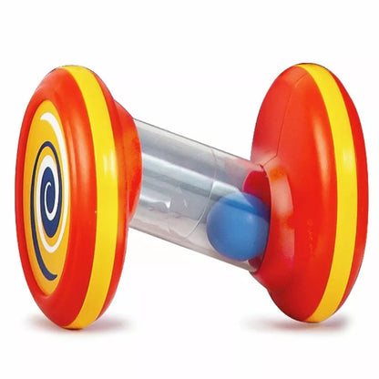 A red and yellow Halilit Spinning Tubes with a ball on it for infants.