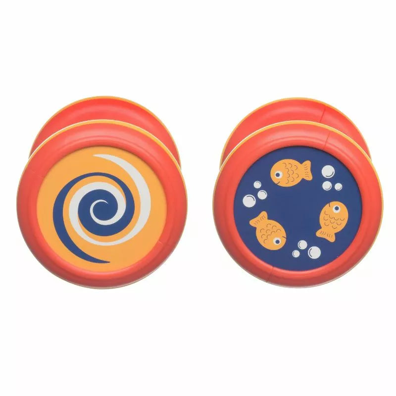 A pair of Halilit Spinning Tubes with fish on them, designed as a music toy for babies and infants.