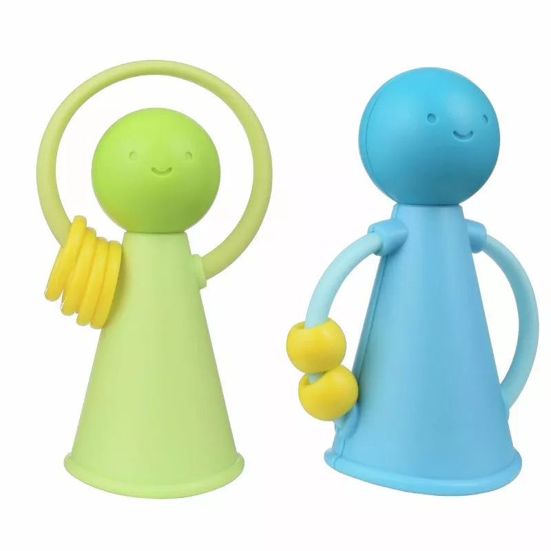 Two Halilit Music Pals Duet Green and Blue with a yellow ring on them, designed to spark children’s curiosity and enhance their rhythmic skills.