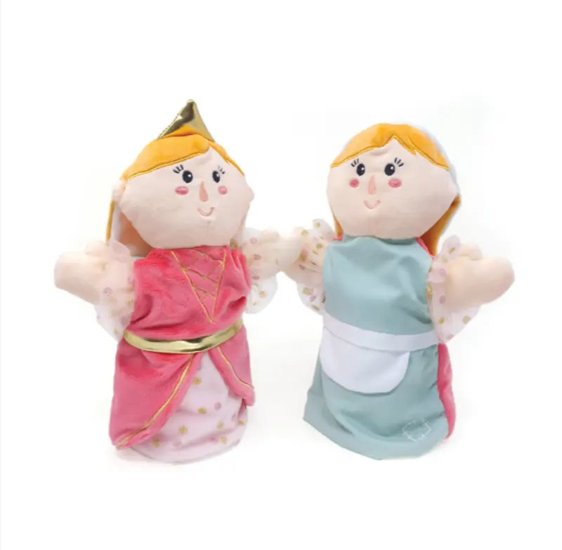 The Double-Face Hand Puppet Princess-Cinderella features two plush puppets: one side is Cinderella in a pink dress with a gold crown, the other wears a blue dress with apron and bonnet. Both have smiling faces, blonde hair, and rosy cheeks for creative play.