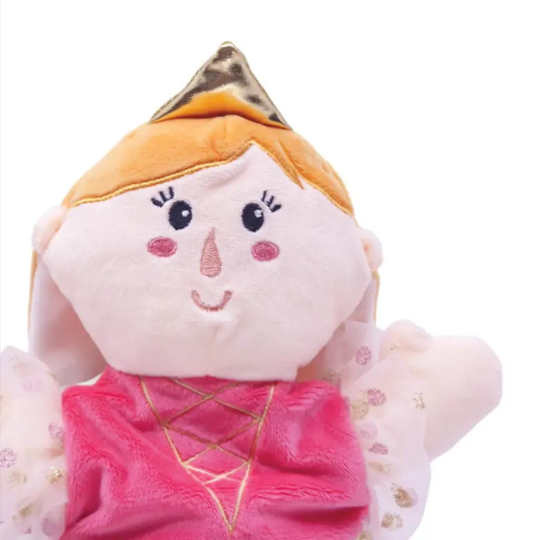 The Double-Face Hand Puppet Princess-Cinderella is a soft plush doll with a golden crown, rosy cheeks, stitched smile, and a pink dress with gold accents and sheer puffy sleeves—perfect for imaginative play.