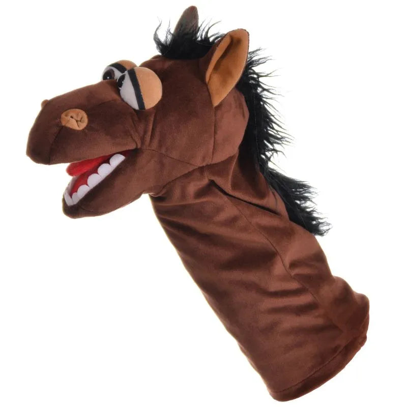 The Living Puppets Fred Jonatan Hand Puppet is a brown horse with a black mane and open mouth, featuring large eyes and big teeth. This expressive puppet comes to life on a white background when animated by hand.