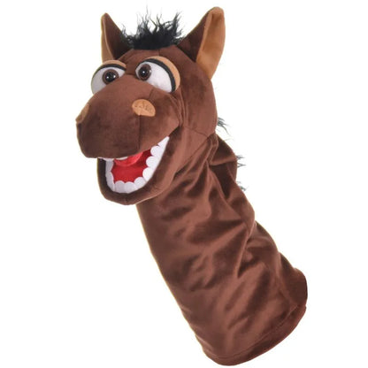 The Living Puppets Fred Jonatan Hand Puppet is a brown horse puppet with an open mouth showing large white teeth and a red tongue. It has big eyes, a black mane, and includes a sock-like sleeve for hand control.