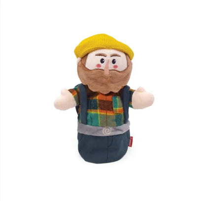 The Hand Puppet Hunter features a bearded man in a yellow knit hat, plaid shirt, and blue overalls—an ideal companion for fairy-tale storytelling. Displayed against a white background.