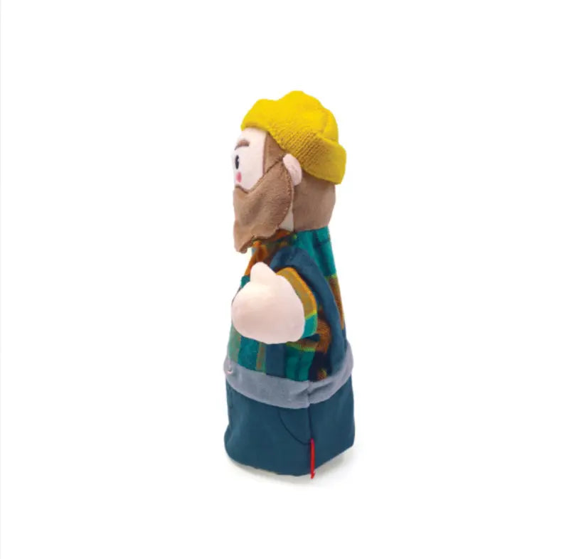 A side view of the Hand Puppet Hunter featuring a brown beard, yellow knit hat, plaid shirt, and blue pants—perfect for storytelling or bringing fairy-tale characters to life—displayed against a plain white background.