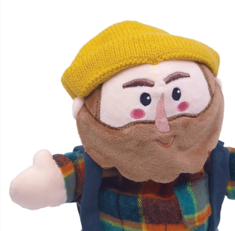The Hand Puppet Hunter features a brown beard, rosy cheeks, and a smiling face, dressed in a yellow knit beanie and blue, orange, and green plaid shirt—perfect for bringing fairy-tale storytelling to life.