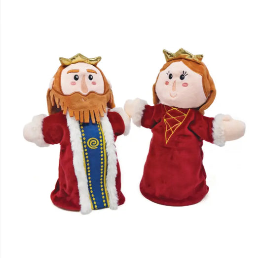 The Double-Face Hand Puppet Queen-King features a plush king with a brown beard and a queen with long brown hair, both in red robes with gold crowns—ideal for creative play on a white background.