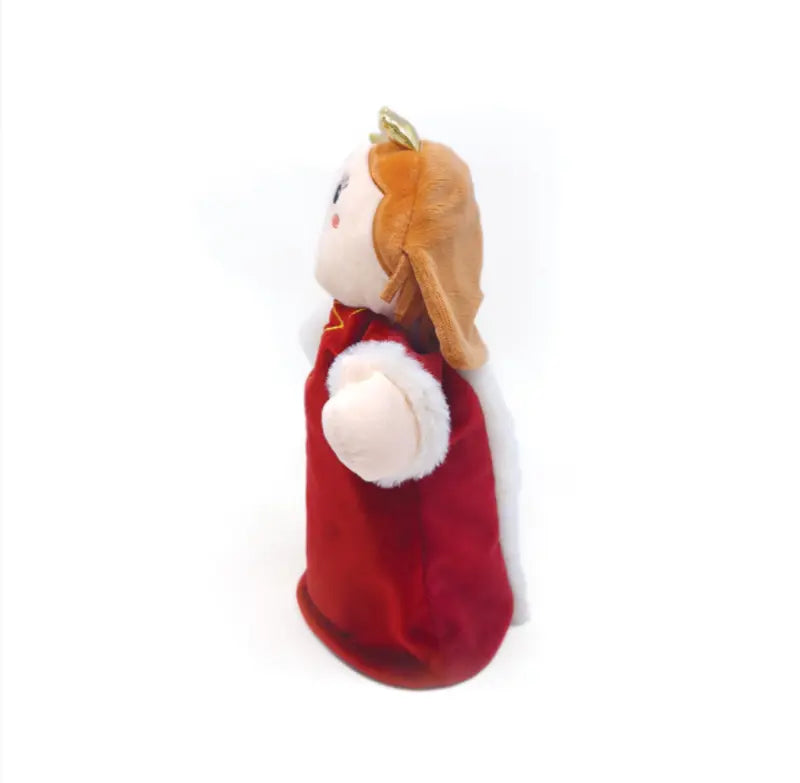 Side view of the Double-Face Hand Puppet Queen-King, shown as a queen with a golden crown, brown hair, and red cape with white trim. This plush puppet has rosy cheeks and a simple face, perfect for creative play against a plain white background.