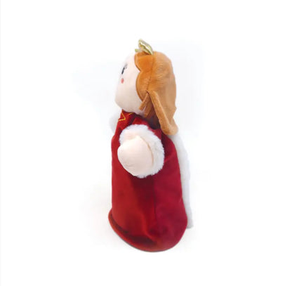 Side view of the Double-Face Hand Puppet Queen-King, shown as a queen with a golden crown, brown hair, and red cape with white trim. This plush puppet has rosy cheeks and a simple face, perfect for creative play against a plain white background.