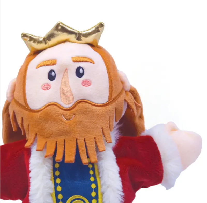 The Double-Face Hand Puppet Queen-King features a plush puppet of a king with a golden crown, orange beard, red robe with white trim, blue outfit with yellow accents, pink cheeks, and embroidered face details for creative play.