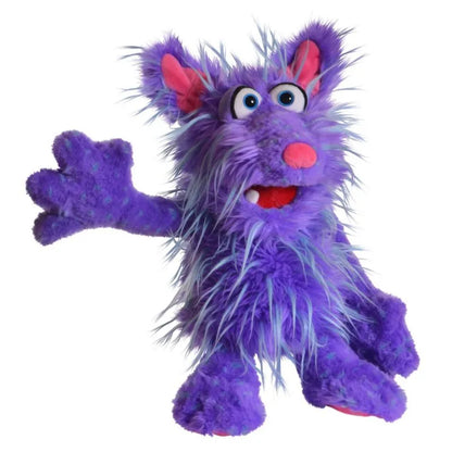 The Living Puppets Tofu Hand Puppet, a furry purple monster with big eyes and pink inside its ears, waves an outstretched arm. Its fluffy and vibrant design is perfect for imaginative play, inspiring endless creative adventures.