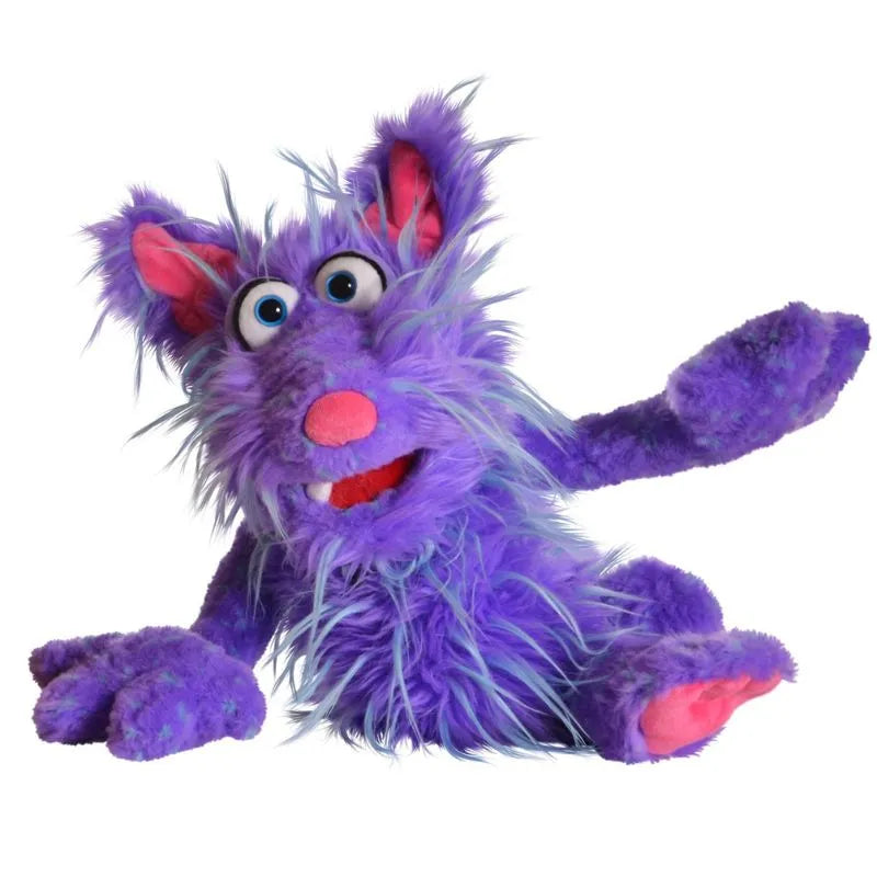 The Living Puppets Tofu Hand Puppet is a fluffy, purple puppet with blue eyes and pink nose, mouth, and paw pads. Its long hair and cartoonish features make it perfect for imaginative play, offering a playful and friendly look that sparks creativity with one raised arm.