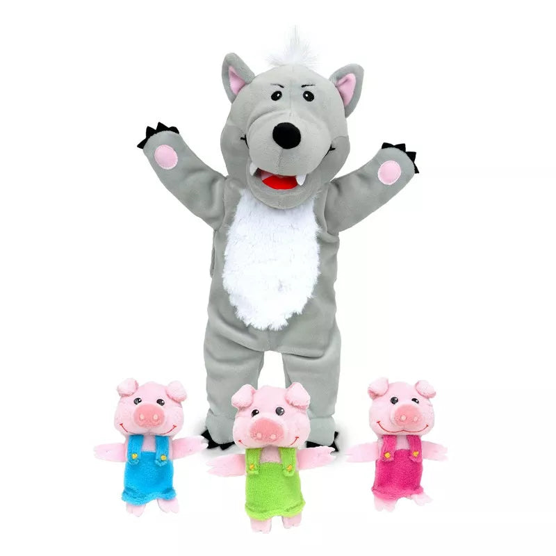 a Fiesta Crafts Big Bad Wolf & 3 Little Pigs Puppet Set with three small pigs in front of it.
