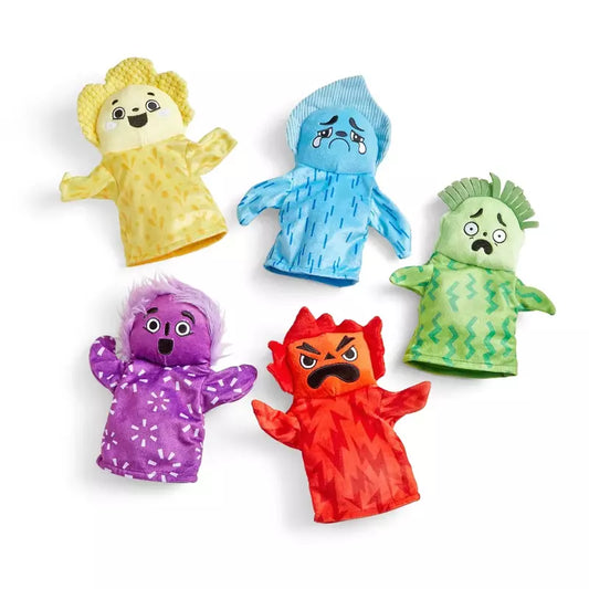 A set of six Learning Resources Feelings Family™ Hand Puppets designed for sensory play, showcasing various feelings and emotions on a white background.