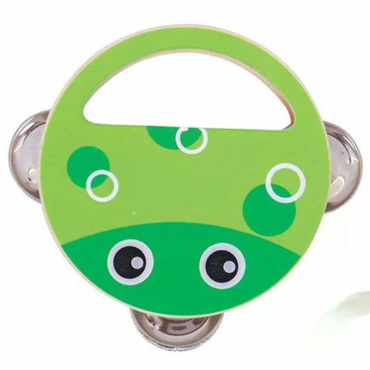 A green and white circular door handle cover with a Bigjigs Hand Shaker Frog design, including large black-and-white eyes and green bubbles, mounted on a metal door handle, isolated on a white background.