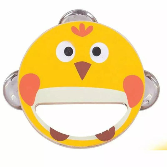 A colorful, cartoon-style Bigjigs Hand Shaker Chicken bottle opener. The opener is yellow with red cheeks, wide eyes, and a crown-like detail on top, featuring a musical Chicken Hand Shaker component at the bottom.