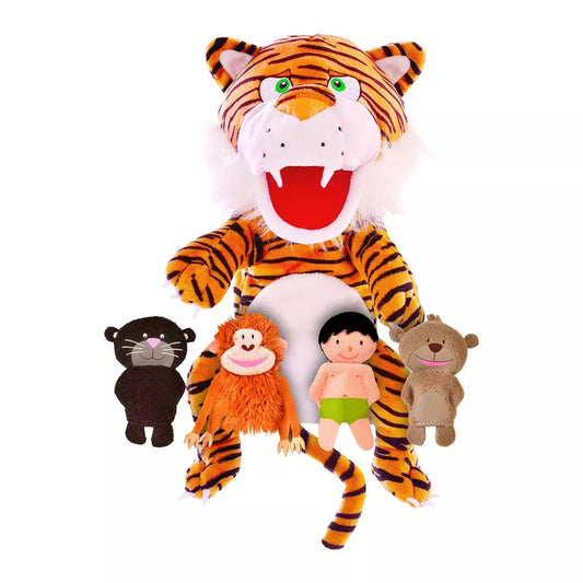 a Fiesta Crafts Jungle Book Puppet Set surrounded by other stuffed animals.