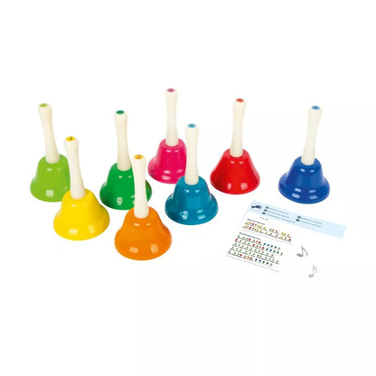 a group of different colored Handbells Sets sitting next to each other.