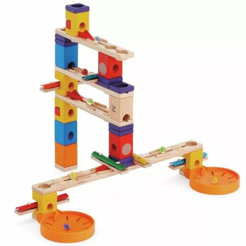 A problem-solving toy with colorful blocks and wheels, resembling Hape Music Motion.