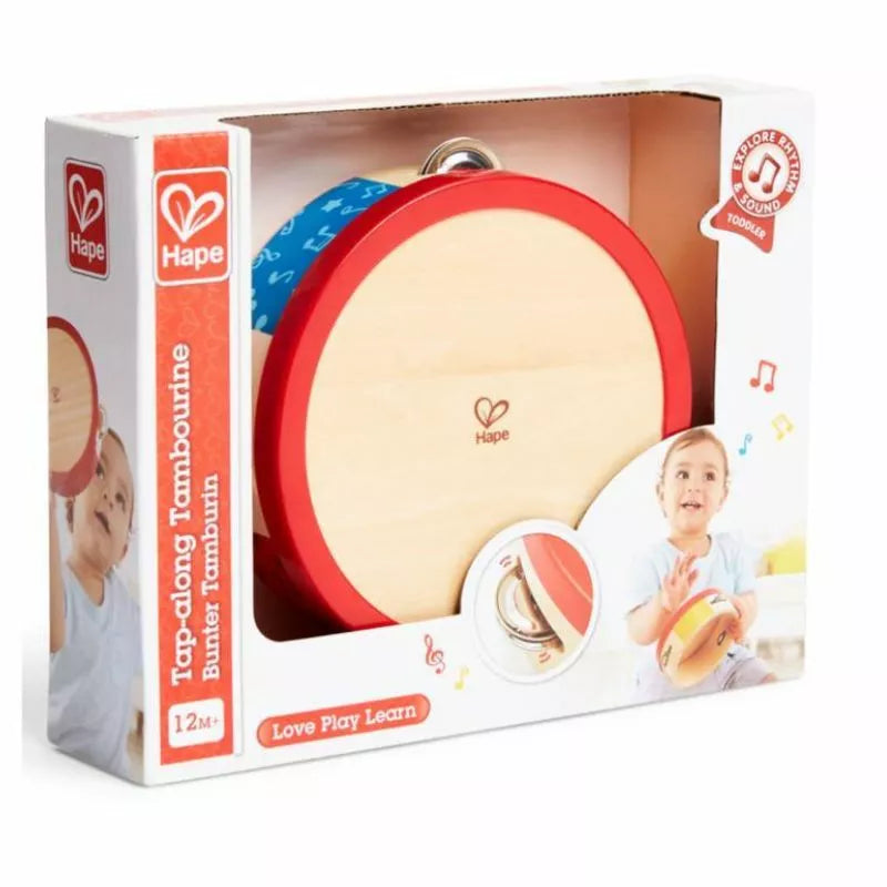 A box with a Hape Tap-along Tambourine in it.