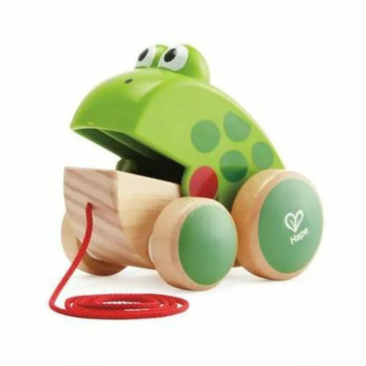 Hape Pull along Frog, a wooden toy with a green frog on top of it.