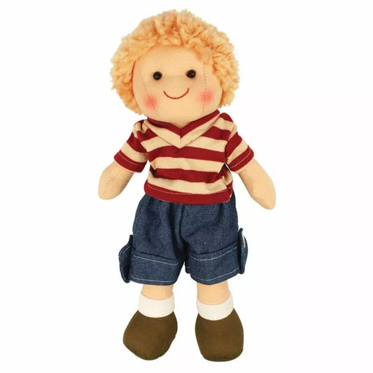 A Bigjigs Harry Doll Small with a red and white striped shirt.