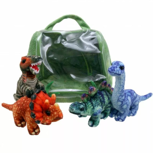 A bag filled with The Puppet Company Hide Away Dinosaur House and green finger puppets.
