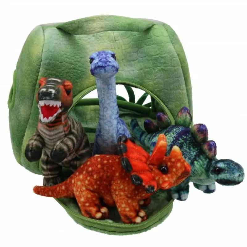 The Puppet Company Hide Away Dinosaur House in a green bag toy.