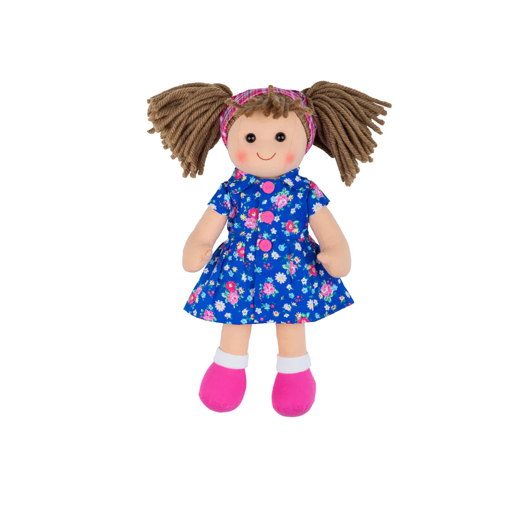 A Bigjigs Hollie Doll Small with brown hair wearing a blue dress.
